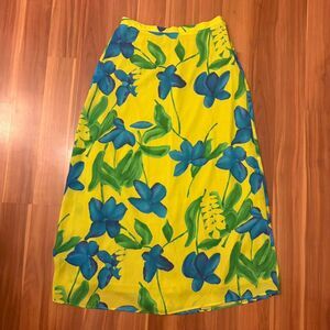 vintage 80s maxi skirt bright yellow with blue and green watercolor flowers